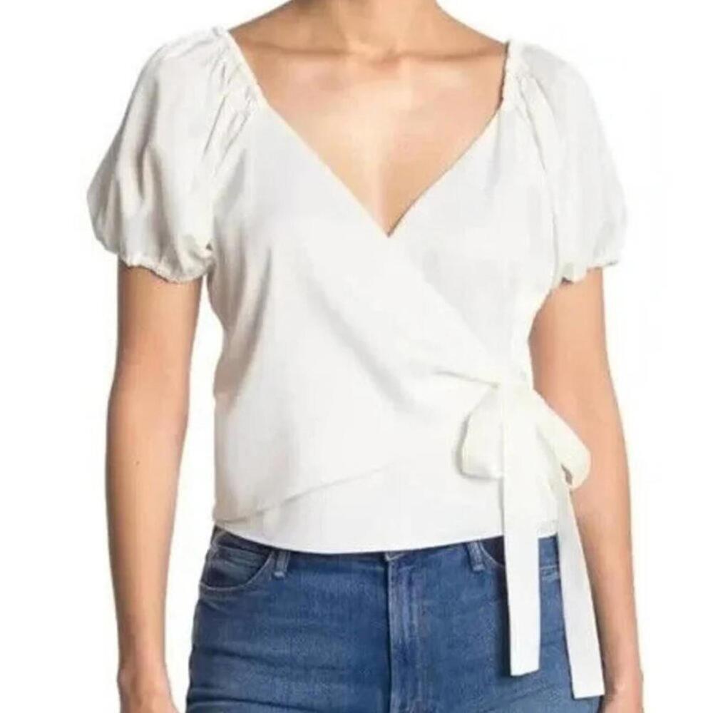 WAYF White Satin Faux Wrap Puff Sleeve Blouse Top XS